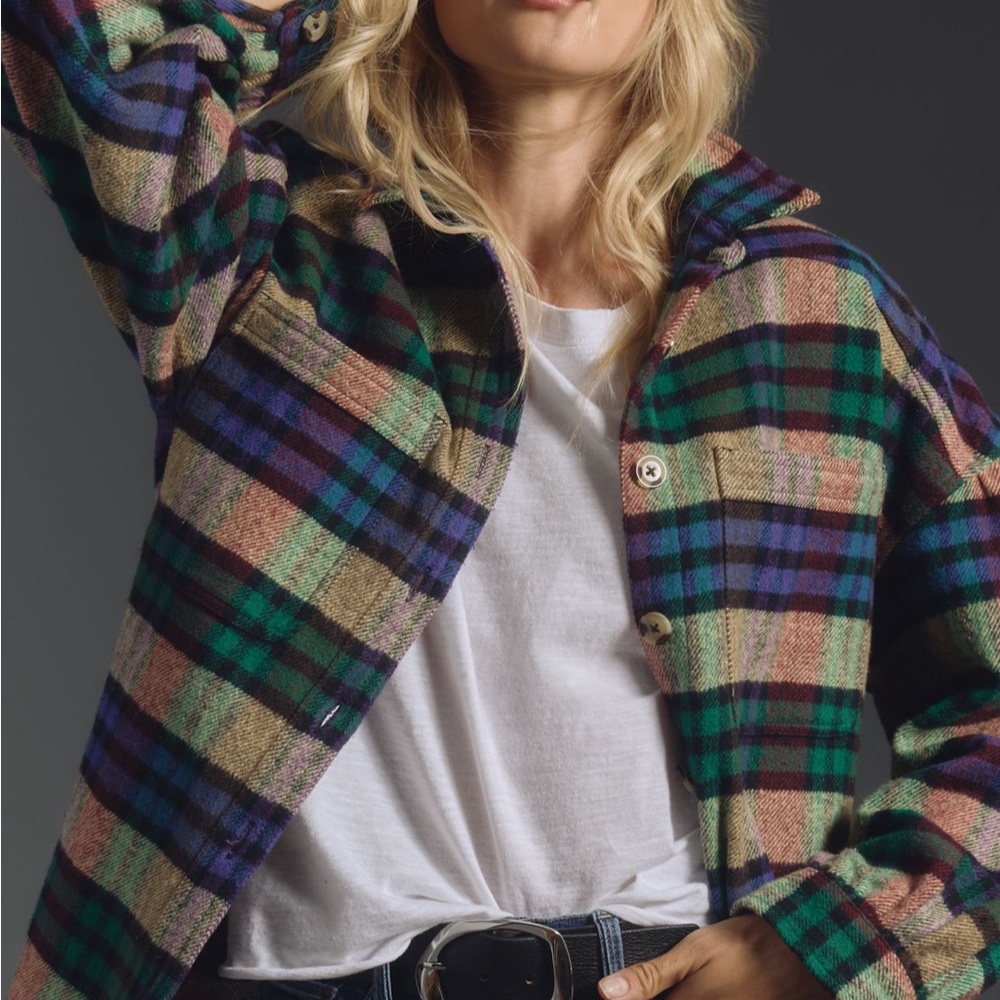 MOTHER Plaid Button-Down Shirt in Green and Blue